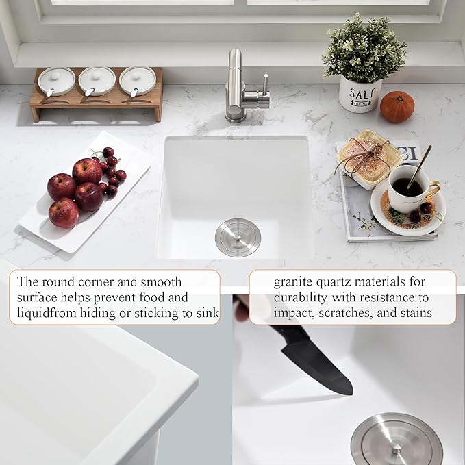Undermount White Bar Sink, 16x16 Inch Small Granite Composite Wet Bar Sink with Faucet Combo Single Bowl Outdoor Quartz Undermount Sink for Island Station, Small Space