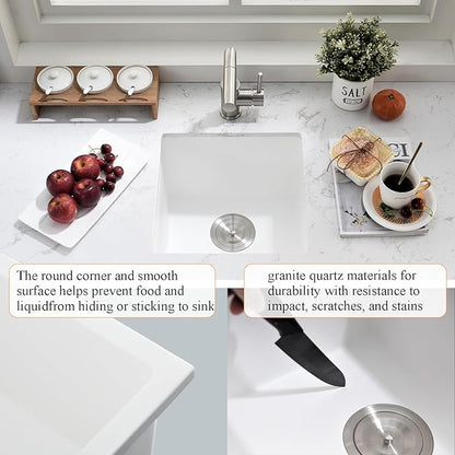Undermount White Bar Sink, 16x16 Inch Small Granite Composite Wet Bar Sink with Faucet Combo Single Bowl Outdoor Quartz Undermount Sink for Island Station, Small Space