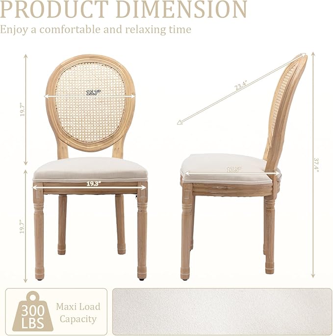 Linen Wooden Dining Chair Set of 2, Upholstered Farmhouse Dining Chair with Solid Wood Frame, Kitchen & Dining Room Chairs for Living Room, Restaurant, Bedroom (Beige-Rattan, Set of 2)