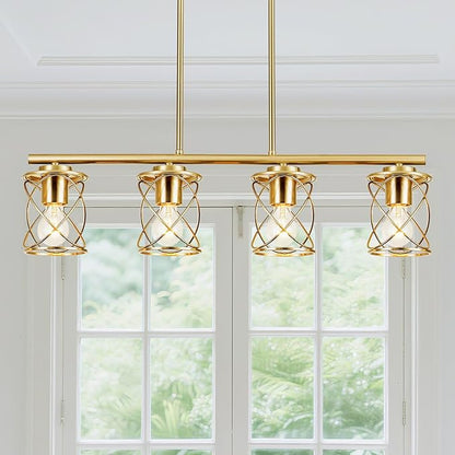 mavcadonf Kitchen Island Light, 4-Light Dining Room Lighting Fixtures Hanging, Farmhouse Linear Pendant Light for Kitchen Island Table Living Room with Adjustable Rods, Brushed Gold
