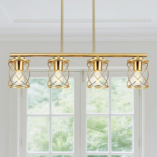mavcadonf Kitchen Island Light, 4-Light Dining Room Lighting Fixtures Hanging, Farmhouse Linear Pendant Light for Kitchen Island Table Living Room with Adjustable Rods, Brushed Gold