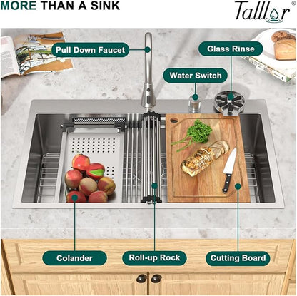 36 Inch Drop-In Single Bowl Kitchen Sink with Faucet, 16 Gauge 304 Stainless Steel Workstation Sink with Waterfall Outlet, Brushed Finish for Decoration or Renovation #TL-FDOE00015