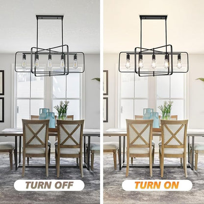 Dining Room Light Fixture/Chandelier Over Table,5-Light Kitchen Island Lighting Hanging for Farmhouse Linear Chandeliers Matte Black Rectangle Rustic Ceiling Pendant Light Fixtures, Height Adjustable