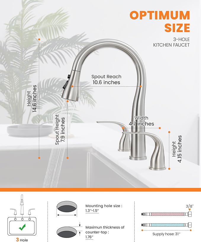 TIORIY 3 Hole Kitchen Faucet with Pull Down Sprayer, Brushed Nickel, Double Handle High Arc Faucet for Kitchen Sink with 3 Mode Spray, Stainless Steel, T-3005BN