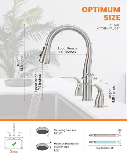 TIORIY 3 Hole Kitchen Faucet with Pull Down Sprayer, Brushed Nickel, Double Handle High Arc Faucet for Kitchen Sink with 3 Mode Spray, Stainless Steel, T-3005BN