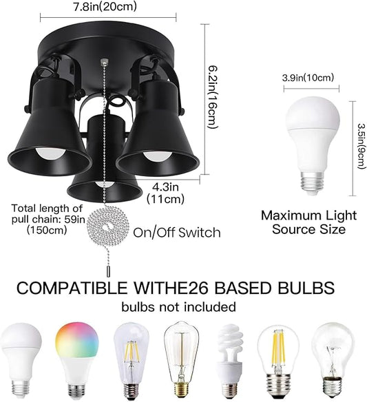 SEEBLEN 3-Light Industrial Track Lighting with Pull Chain On/Off Switch, Adjustable Round Kitchen Ceiling Light, Morden Black Flush Mount Directional Light for Kitchen, Hallway, Dining Room, Bathroom