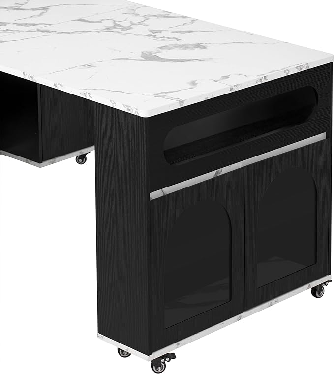 Merax Extendable Rolling Kitchen Island with Folding Table Top, Storage Cabinet with Drawers, Power Outlet & Locking Wheels for Kitchen, Dining Room, Small Space,Black+White
