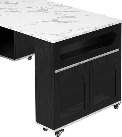 Merax Extendable Rolling Kitchen Island with Folding Table Top, Storage Cabinet with Drawers, Power Outlet & Locking Wheels for Kitchen, Dining Room, Small Space,Black+White