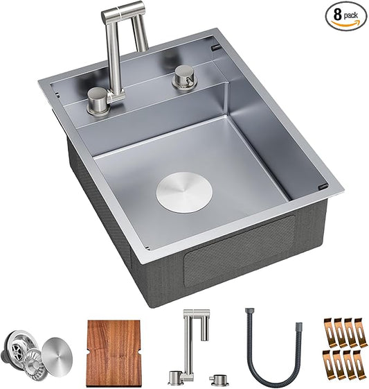 TORVA RV Kitchen Sink, 16 x 21 x 7 Inch Undermount Bar Sink 16 Gauge Stainless Steel Single Bowl Sink with Foldable Faucet Cutting Board, Grey