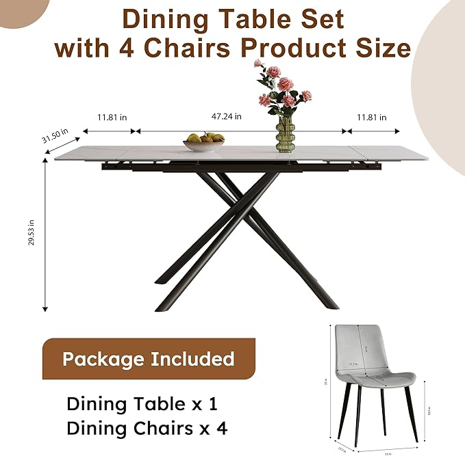 Runboll Extendable Rectangular Dining Table Set for 4, 47"-71" Modern Sintered Stone Kitchen Table with 4 Chairs and Carbon Steel Legs for Dining Room Family Gathering