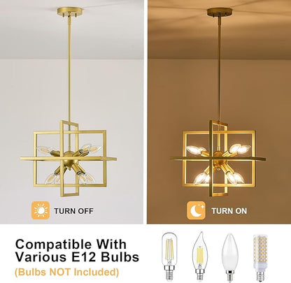8 Lights Gold Chandelier, Farmhouse Dining Room Light Fixture, Small Modern Chandeliers, Industrial Geometric Hanging Pendant Light for Kitchen Island, Bedroom, Living Room, Foyer, Hallway