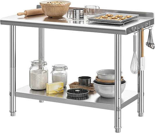DWVO 48x24in Stainless Steel Table, NSF Metal Prep Worktable with Backsplash for Kitchen Restaurant Hotel Garage Warehouse Home
