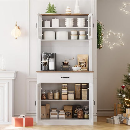IDEALHOUSE Kitchen Pantry Cabinet with Microwave Stand, 71”Freestanding Tall Kitchen Cabinet with Doors and Shelves for Dining Room, White