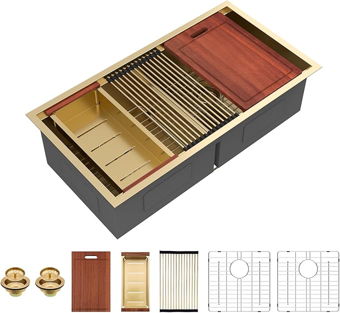 Sarlai 36 Inch Gold Undermount Kitchen Sink Double Bowl Large Workstation Sink Low Divided Gold Stainless Steel Sinks 16 Gauge 50/50 Sinks Double Basin
