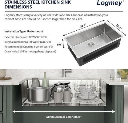 Logmey 32 Inch Undermount Kitchen Sink 32x18 Stainless Steel Undermount Sinks 16 Gauge Single Bowl Under Counter Handmade Sinks 32x18x9