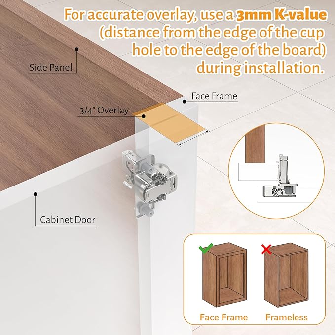 Chibery 50 Pack 3/4" Overlay 3D Soft Close Concealed Hinge for Face Frame Door, Self Closing Hinges, 105° Smooth Slow Close Quite, Hidden Stainless Steel Hinge for Kitchen Cabinet Door, Satin Nickel