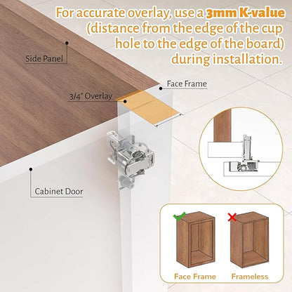 Chibery 20 Pack 3/4" Overlay 3D Soft Close Concealed Hinge for Face Frame Door, Self Closing Hinges, 105° Smooth Slow Close Quite, Hidden Stainless Steel Hinge for Kitchen Cabinet Door, Satin Nickel
