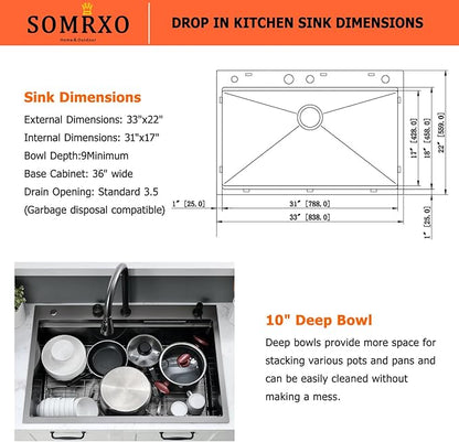 33×22 Black Waterfall Sink with Faucet Combo - 33×22 Drop In Sink with Faucet,16 Gauge Black Stainless Steel Waterfall Kitchen Sinks,10 Inch Deep Single Bowl Workstation Smart Kitchen Sinks