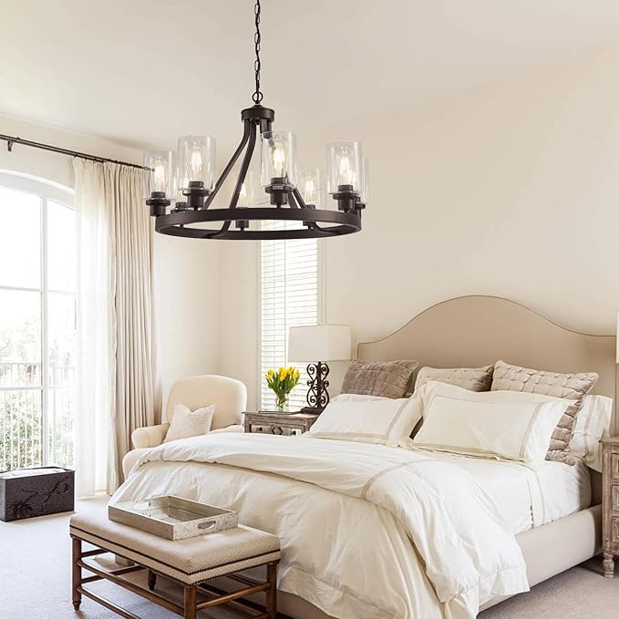 Lanhall 8-Light Farmhose Chandelier for Dining Room Light Fixture Oil Rubbed Bronze Kitchen Pendant Light Round Rustic Ceiling Hanging Lighting with Glass Globes Adjustable Height Metal E26