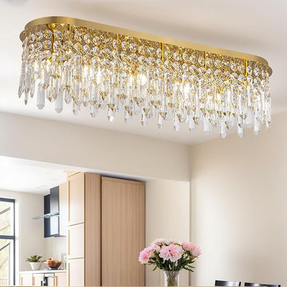 Siljoy Modern Crystal Chandelier 10 Lights Gold Rectangular Flush Mount Raindrop Crystal Chandelier Ceiling Light Fixture Oval for Dining Room Living Room Kitchen Island L40 Inch