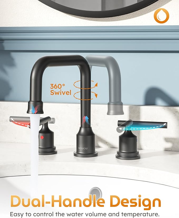 Black Bathroom Faucet 3 Holes, WOWOW Widepread Bathroom Sink Faucets 2 Handle, 8 Inch Vanity Tap with Drain and Supply liness Modern
