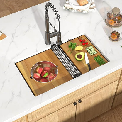 32x19 Black Undermount Kitchen Sink - Workstation 16 Gauge 304 Stainless Steel Single Bowl Under Counter Handmade Sinks with Mixing Bowl, Cutting Board, and Pasta Strainer #TLU-0043