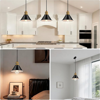 Modern Pendant Light for Kitchen Island, 9.06" Matte Black with Leather Strap Accents, Industrial Hanging Ceiling Lamp with Gold Finish, Adjustable Height for Dining Room Bar Sink, E26 Base