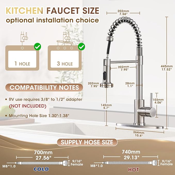 Faucets for Kitchen Sink with Sprayer, Brushed Nickel High Arc Single Handle Spring Stainless Steel Kitchen Sink Faucet with Soap Dispenser, Utility Ideal for RV Laundry Commercial & Camper