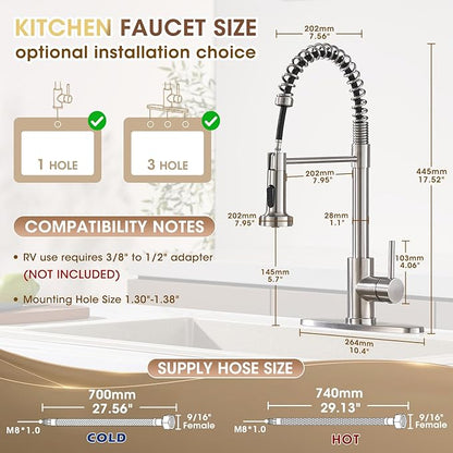 Faucets for Kitchen Sink with Sprayer, Brushed Nickel High Arc Single Handle Spring Stainless Steel Kitchen Sink Faucet with Soap Dispenser, Utility Ideal for RV Laundry Commercial & Camper
