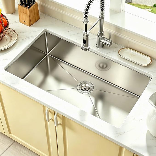 Undermount Kitchen Sink - 33 inch Undermount Kitchen Sink 16 Gauge Stainless Steel Sinks with Round Corner Handmade Single Bowl Under Counter Basin for Kitchens, 33"x19"x9"