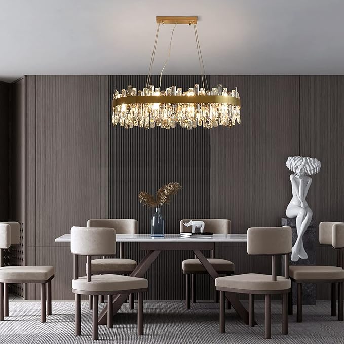 Siljoy 16-Light Modern Crystal Chandelier, Luxury Dimmable Brass Gold K9 Raindrop Crystal Chandelier, Adjustable Crystal Pendant Ceiling Light for Dining Room Living Room Kitchen Island L35.4''