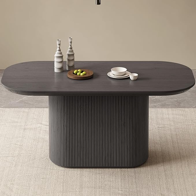 62.99 Inch Rectangular Dining Table for 4-6 People, Modern Kitchen Dining Room Table with Pedestal Base, Black Table Furniture, Mid Century Dining Table for Apartment Home Office