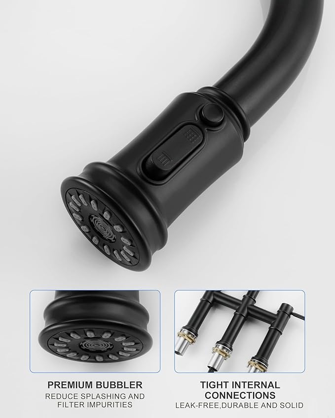 Bridge Faucet for Kitchen Sink: iVIGA Black Farmhouse 3 Hole Kitchen Faucet with Pull Down Sprayer (3 Spray Modes) - 2 Handle High Arc Brass Faucet with 360° Swivel, with Supply Lines