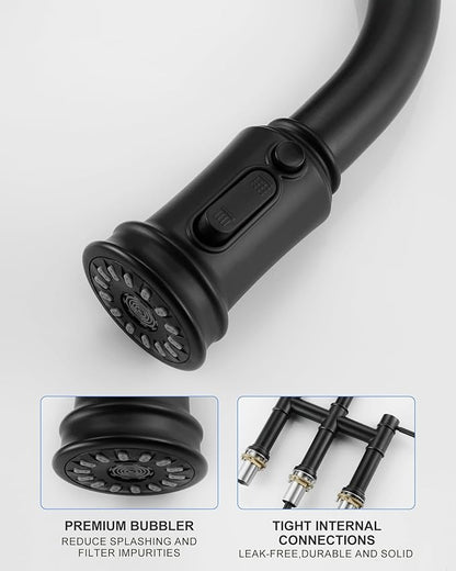 Bridge Faucet for Kitchen Sink: iVIGA Black Farmhouse 3 Hole Kitchen Faucet with Pull Down Sprayer (3 Spray Modes) - 2 Handle High Arc Brass Faucet with 360° Swivel, with Supply Lines