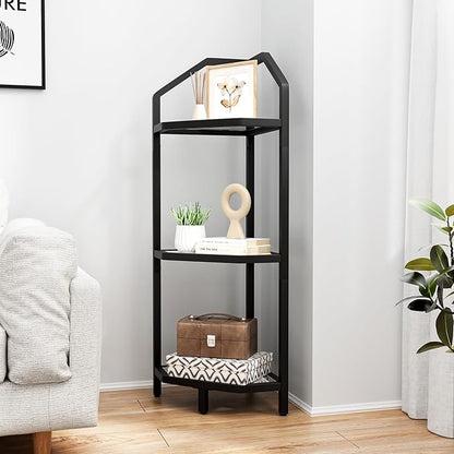 3-Tier Corner Shelf Stand, Black Corner Bookshelf, Bathroom Storage Rack Shelf, Plant Rack, Tempered Glass, Steel Frame, Modern Style for Living Room, Bathroom, Kitchen, Metallic Black