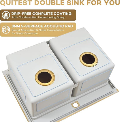 MILOSEN 36 Inch Gold Double Bowl Kitchen Sink, 36''x22'' Gold Drop in Workstation Sink 50/50 Topmount Double Basin with Accessories, 16 Gauge T304 Stainless Steel Sinks, 10'' Deep and Large Sinks