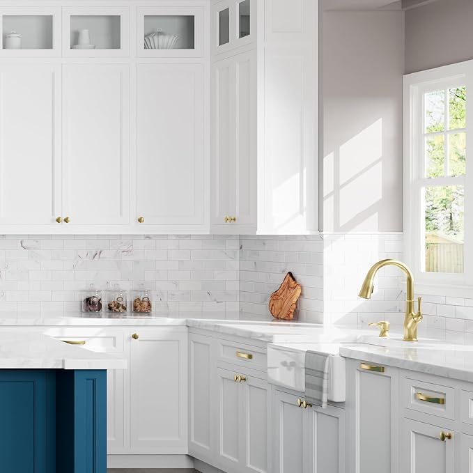 Pfister Alderwood Kitchen Faucet with Pull Down Sprayer and Soap Dispenser Single Handle High Arc Spout Brushed Gold Finish NSF Certified 1 or 3 Hole Installation F5297AWBG