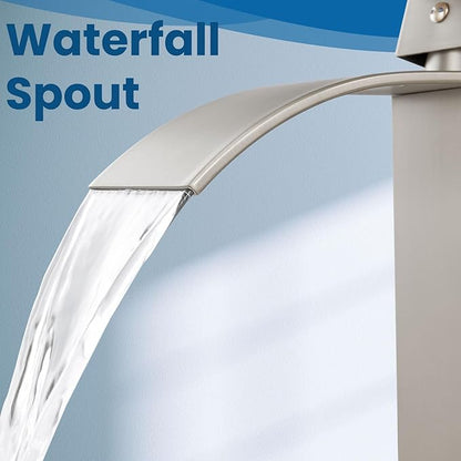 Airuida Waterfall Bathroom Faucet Brushed Nickel Single Handle Single Hole Bathroom Sink Faucet 1 or 3 Hole Basin Mixer Tap, Rv Lavatory Vanity Faucet with Deck Plate and Supply Lines