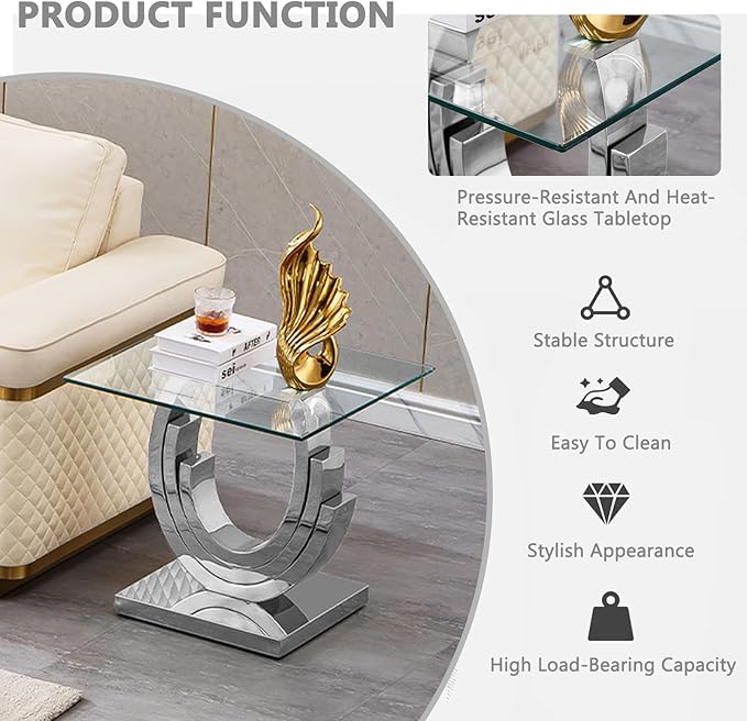 HomVent Glass Coffee Table Set, 2 End Tables Living Room Set of 3, 3 Piece Modern Silver Tempered Glass Top Side Tables Bedroom Set of 3 Rectangle Dinner Center Bedside Sets for Living Room Bedroom
