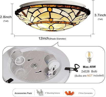 ARTZONE Tiffany Ceiling Lights, Stained Glass Ceiling Light 2-Lights 12 Inch Tiffany Flush Mount Ceiling Light for Bedroom Dining Living Room Entryway Foyer