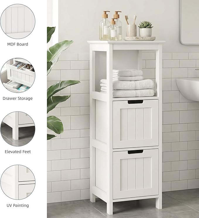 Casaphoria 2-Drawer Bathroom Floor Cabinet, Wooden Storage Organizer with Side Rack, Freestanding Stand Table for Bathroom, Hallway, White