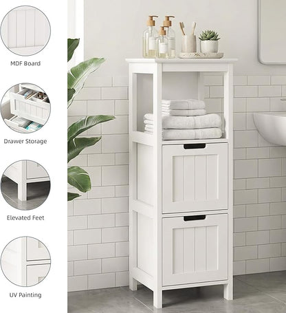 Casaphoria 2-Drawer Bathroom Floor Cabinet, Wooden Storage Organizer with Side Rack, Freestanding Stand Table for Bathroom, Hallway, White