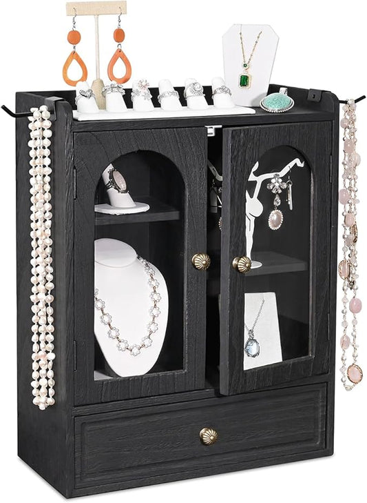 Ikee Design Wooden Countertop Storage Cabinet with Magnetic Door, Adjustable Shelves, Removable Hooks and Drawer for Perfume, Makeup, Pantry, Black Color, 12.2 W x 6 D x 15.7 H in