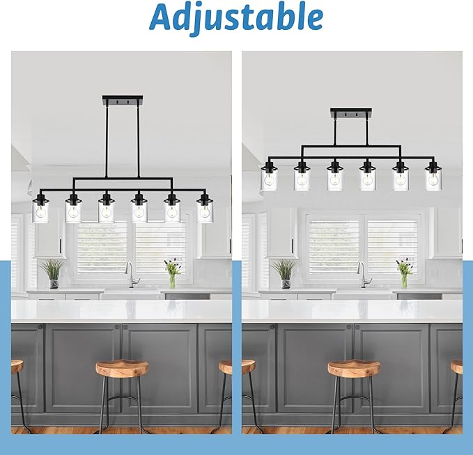 43.3" Kitchen Island Lighting, 6-Light Dining Room Light Fixture,Black Chandelier Farmhouse Linear Pendant Lighting for Kitchen Island Dining Table Living Room, Height Adjustable