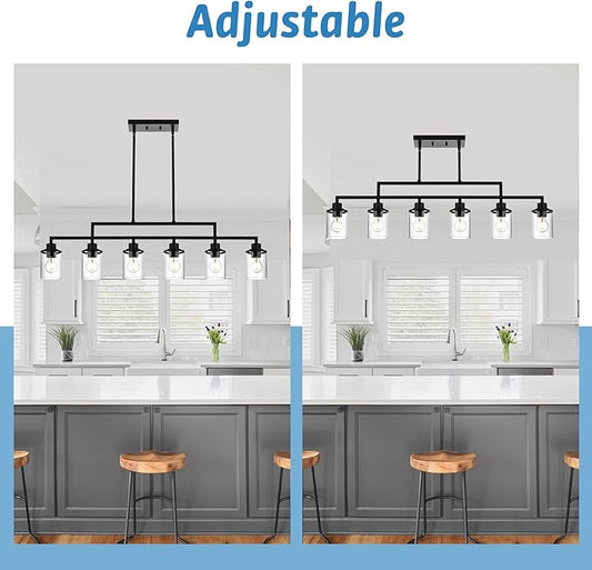 43.3" Kitchen Island Lighting, 6-Light Dining Room Light Fixture,Black Chandelier Farmhouse Linear Pendant Lighting for Kitchen Island Dining Table Living Room, Height Adjustable