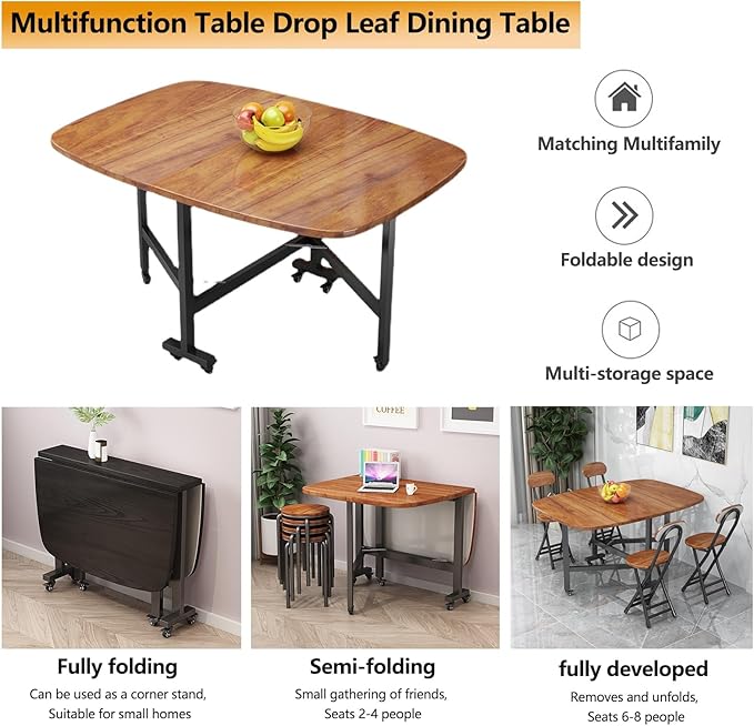Multifunction Table Drop Leaf Dining Table, Folding Dinning Table With 6 Wheels, Dining Table For Kitchen, Living Room, Drop Leaf Table For Small Space Saving, Solid Wooden Foldable Kitchen Table(Brow