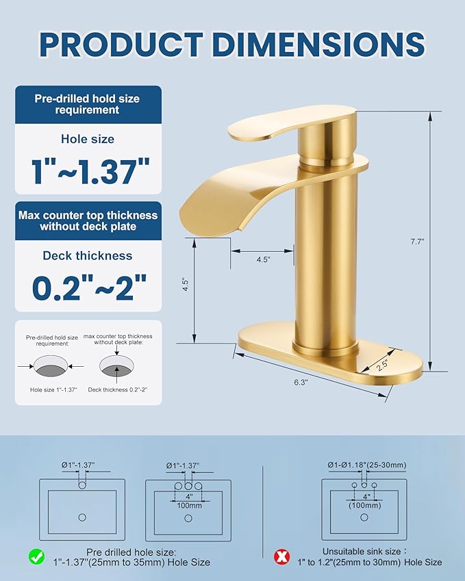 WOWOW Waterfall Bathroom Faucet, Gold Bathroom Sink Faucet for 1 Hole or 3 Holes, Single Handle Vanity with Metal Pop up Drain, Stainless Steel Basin Sink Faucet Tap for RV Lavatory