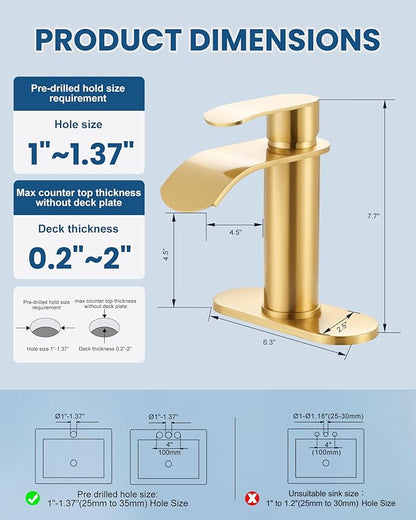 WOWOW Waterfall Bathroom Faucet, Gold Bathroom Sink Faucet for 1 Hole or 3 Holes, Single Handle Vanity with Metal Pop up Drain, Stainless Steel Basin Sink Faucet Tap for RV Lavatory