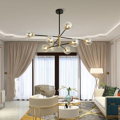 BOKT Black Gold Chandelier Pendant Light Mid Century Modern Sputnik Chandelier Light Fixture Globe Flush Mount Ceiling Light Amber Glass Ball Chandelier Kitchen Island Lighting
