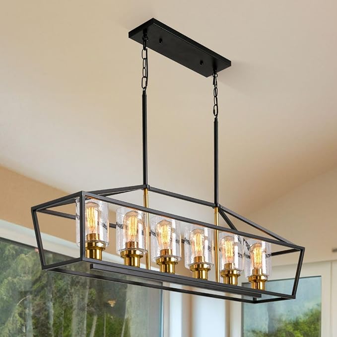 WJShome Black and Gold Chandelier, 6-Light Modern Chandeliers for Dining Room, Rustic Kitchen Island Lighting, Farmhouse Pendant Lights Kitchen Island, Dining Room Light Fixtures Over Table